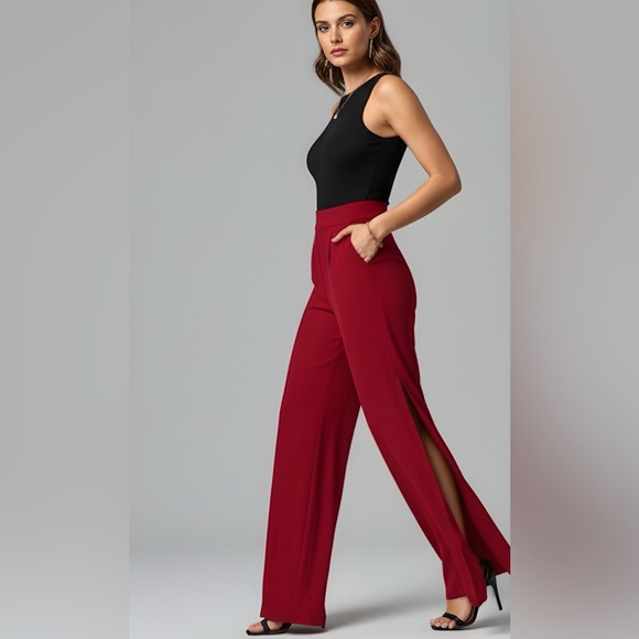 Burgundy Split Thigh Wide Leg Pants - Picture 2 of 8